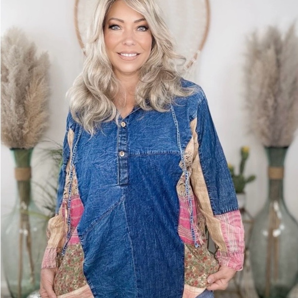 Young Threads Denim Patchwork Tunic Top with Pink… - image 1